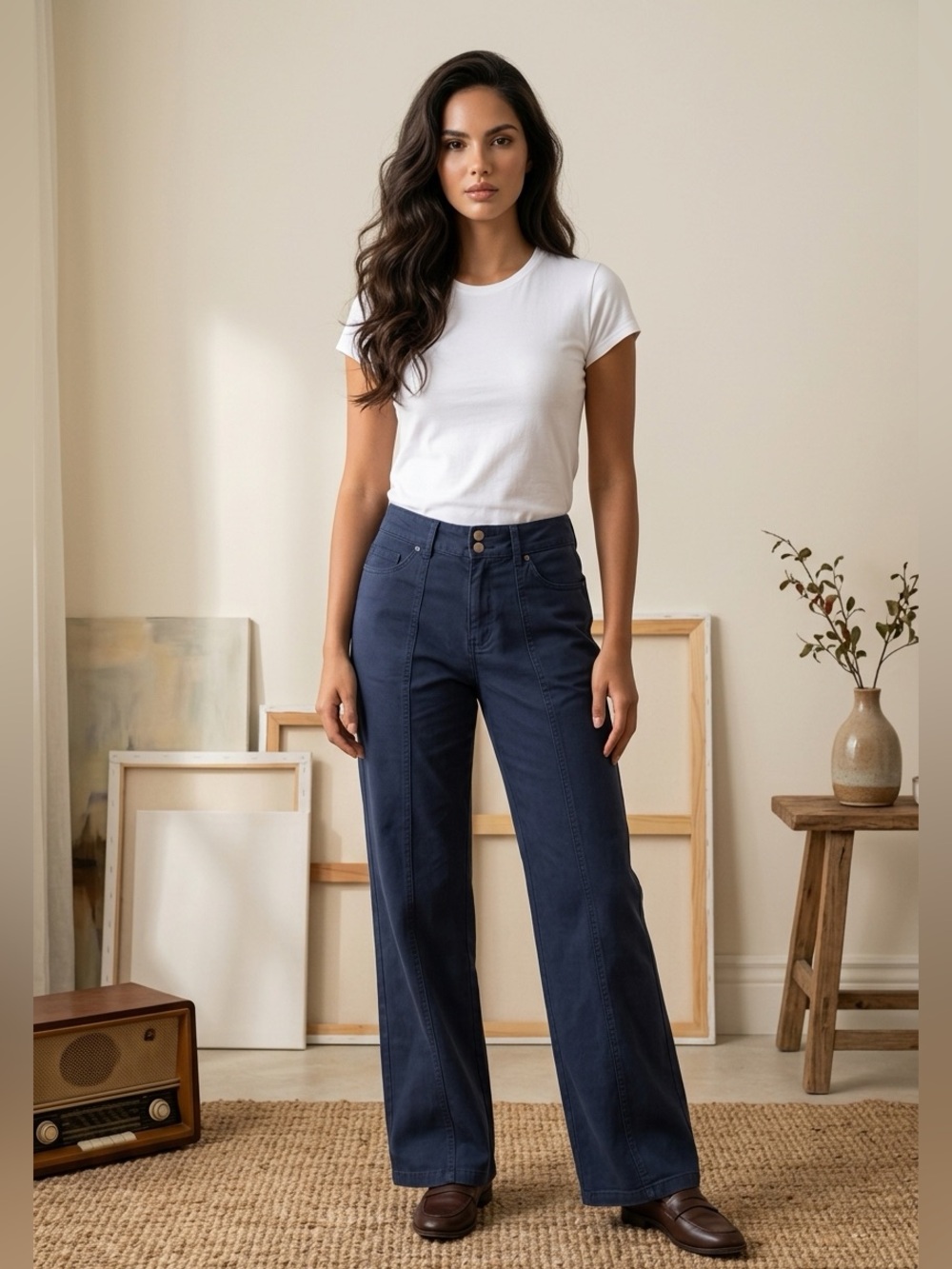 High-Rise Straight Leg Pants in Navy Blue
